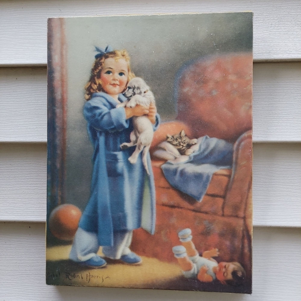 Mabel Rollins Harris, Framed Art. Girl, Doll, Bird House, Robins, Print Home Vin